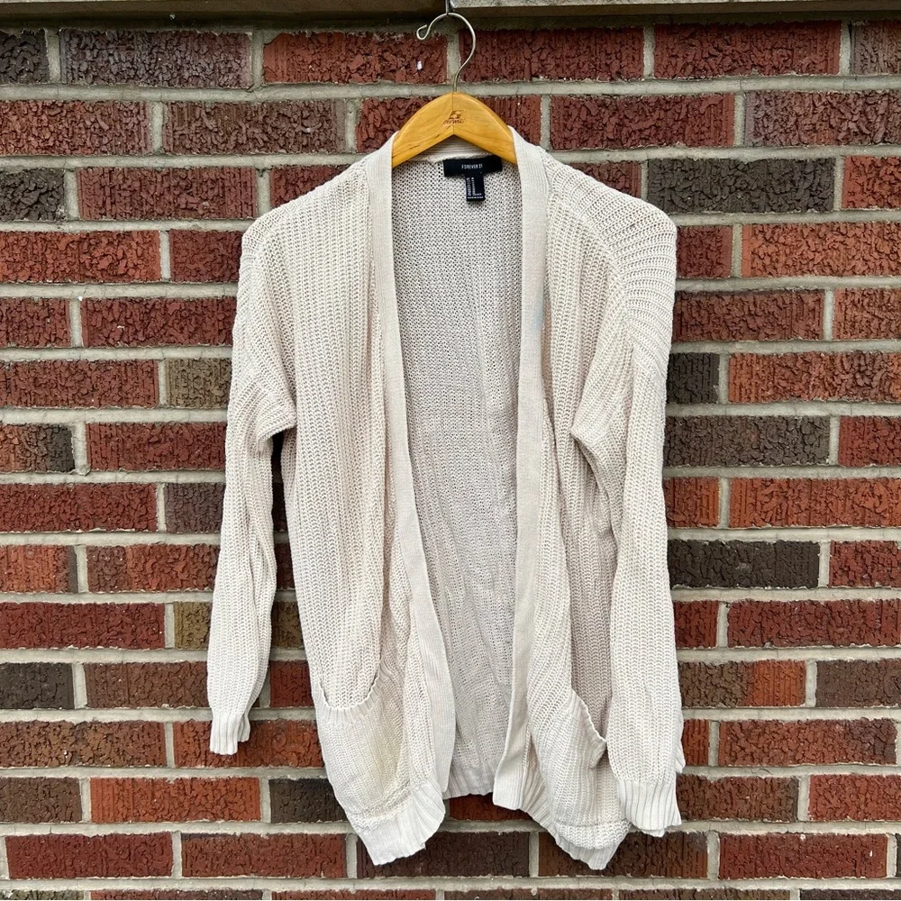 Forever 21 Cream Chunky Knit Open Knit Pocket Oversized Cardigan